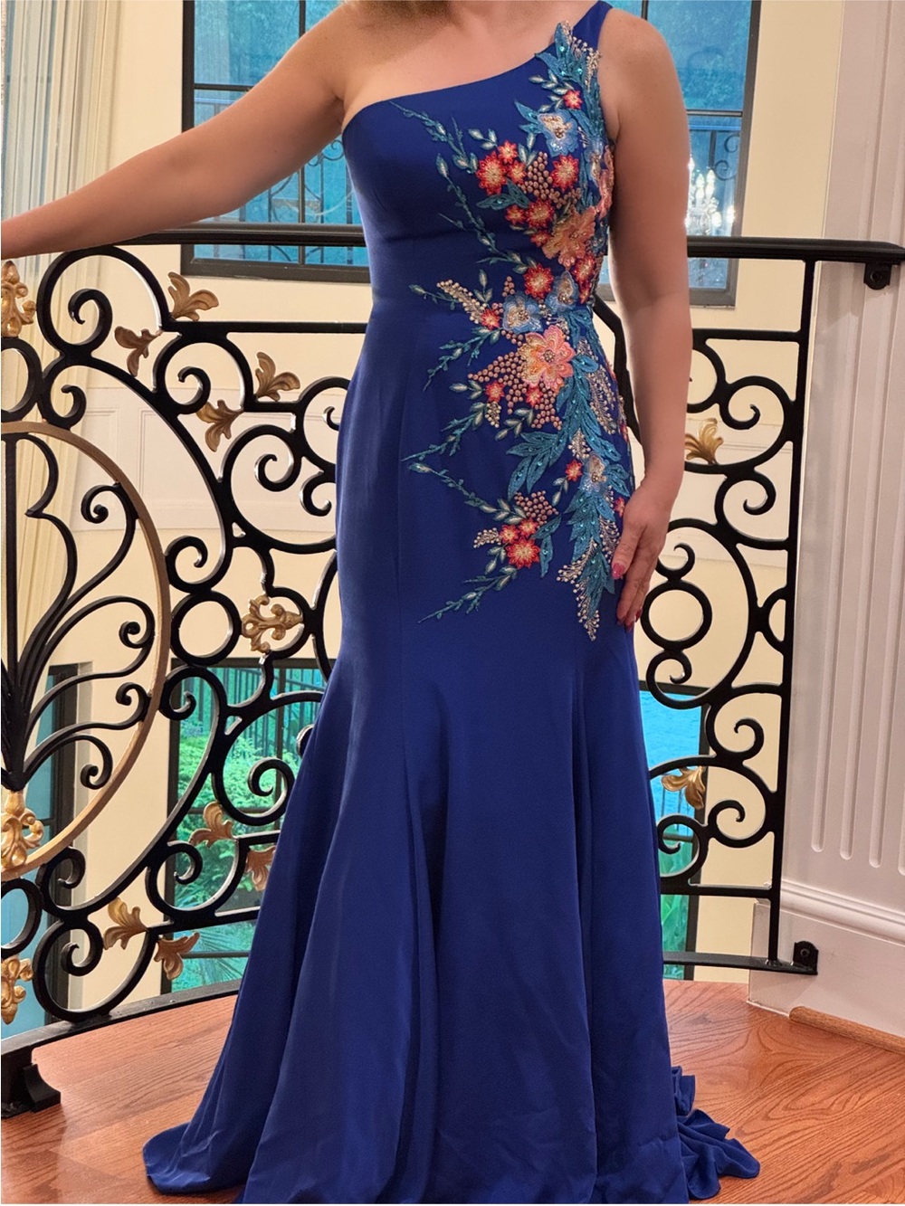 Tiffany Designs One-Shoulder Royal Blue Floral Embroidered Gown